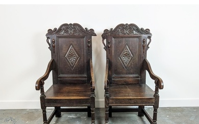 WAINSCOT ARMCHAIRS, a pair, late 19th century Carolean style...