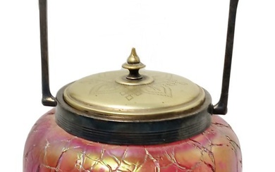WMF Silver Mounted Konin or Kralik Pink Iridescent Bohemian Crackle Glass Vase Jar