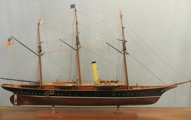 WOODEN MODEL SHIP IN DISPLAY CASE