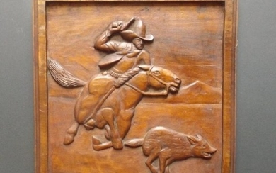 Wood Relief Cowboy on Horse & Wolf 1937 Folk Art