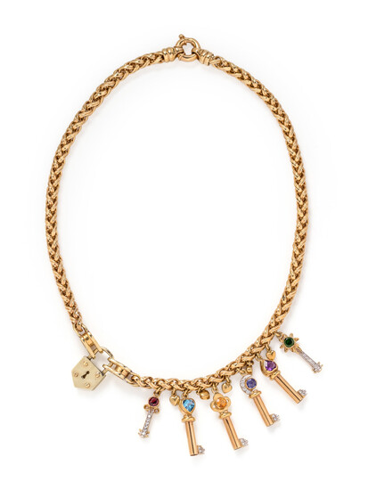 YELLOW GOLD AND MULTIGEM KEY NECKLACE