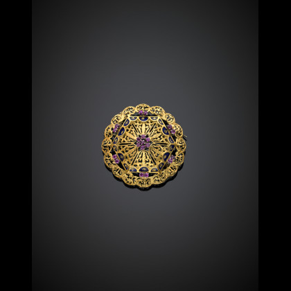 Yellow gold blue enamel and synthetic ruby openwork brooch,...