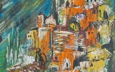 Zoltan Perlmutter, American/Romanian 1922-2002- Town on a hill; oil on paper, signed lower right, 48.5 x 34.5 cm (ARR)