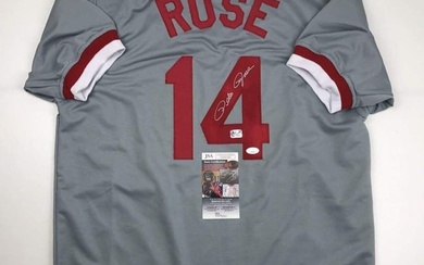 autographed/signed pete rose cincinnati grey baseball jersey JSA coa