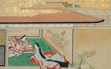 ƒDEUX PETITES PEINTURES d'emaki-e dans le style de la cour de Heian, à l'encre et couleurs sur papier, rehaussé de paillettes d'or...