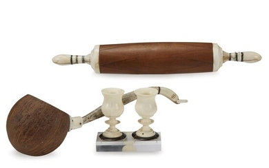 Sailor-made rolling pin, ladle and two turned salt cellars...