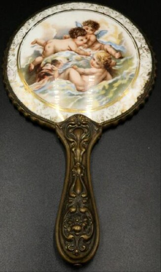 Antique French Painted Porcelain Vanity Mirror