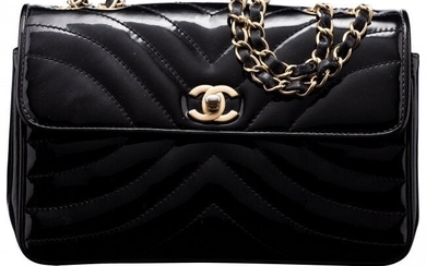 Chanel Black Quilted Patent Leather Flap Bag wit