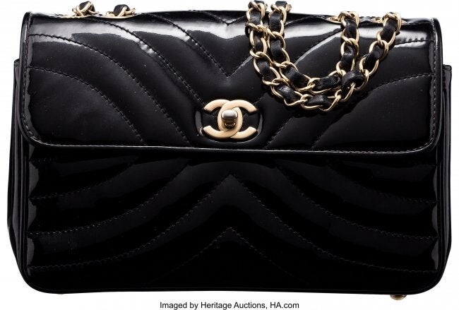 Chanel Black Quilted Patent Leather Flap Bag wit