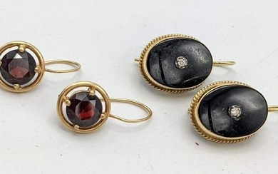 14K Earrings - 2 Pair Onyx with diamond and Garnet.