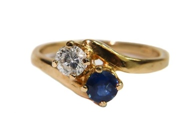 14k Yellow Gold Blue Spinel and Diamond Ring, Size 5