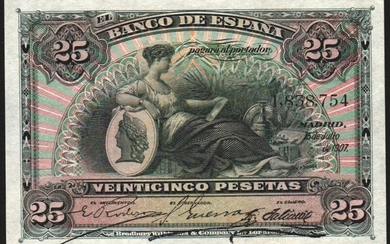 15 de julio de 1907. 25 pesetas. Sin serie. Prácticamente SC-. Buen ejemplar