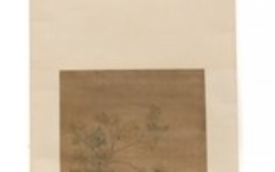 Leng Mei 1669–1742, after: Chinese scroll, painted on silk, depicting man sitting in a tree looking at two women up a tree looking at two women in a garden