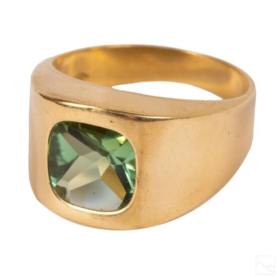 18K Gold Men's Designer Signed Green Gemstone Ring