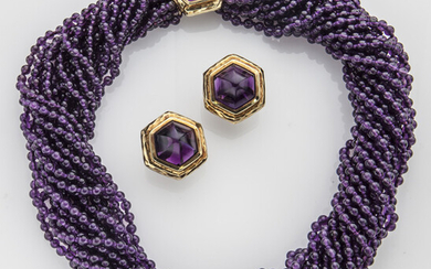 18K gold & amethyst torsade necklace & earrings.