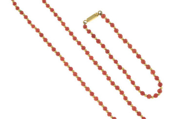18ct gold coral bead necklace & bracelet set