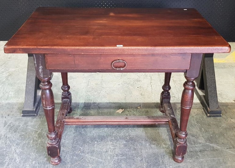 18th Century Style French Oak Side Table, with rectangular top and frieze drawer, on turned legs with stretchers. H: 72.5, W: 96, D:...