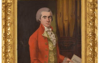 18th/19th century portrait of a music composer. Man wearing a red jacket holding sheet music with an