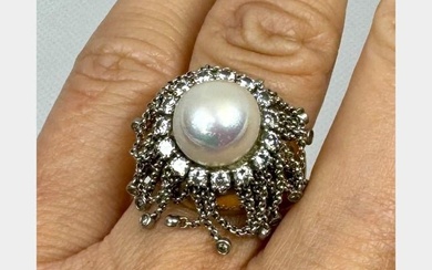 1960s 18K & Platinum Natural Pearl and Diamond Ring