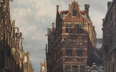'דמויות ברחוב באמסטרדם' – ציור הולנדי עתיק, המאה ה-19, שמן...