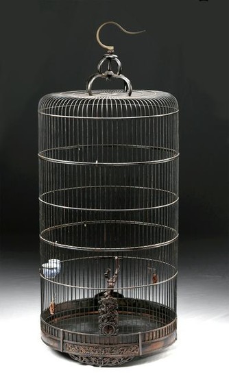 19th C. Chinese Bamboo Bird Cage - Porcelain Dishes