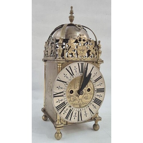 19th Century George I style brass lantern clock, the dial wi...