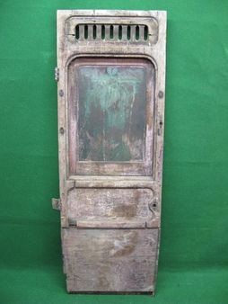 19th century wooden railway carriage door with glazed drop light window, top sliding air vent, two hinges and a 3 painted...