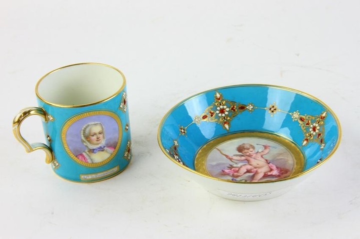 19thC French Hand Painted Sevres Cup and Saucer