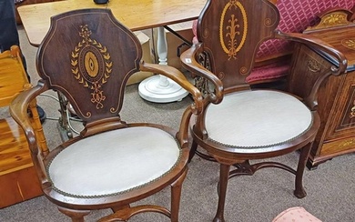 2 20TH CENTURY MAHOGANY OPEN ARMCHAIRS WITH OVAL SEATS, SHAP...