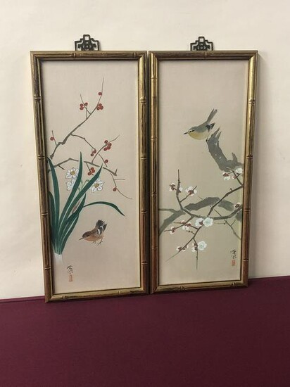 2 Panel Paintings of Birds on Chinese Silk