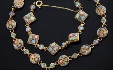 2 pieces of Italian micromosaic souvenir jewellery in brass settings: necklace with pendant, l. 36.8cm and bracelet, l. 18.6cm (newly fitted safety chain), traces of wear