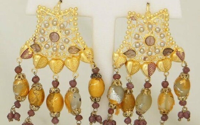 22K YELLOW GOLD ENAMEL BEADED INDIAN BRIDAL EARRINGS