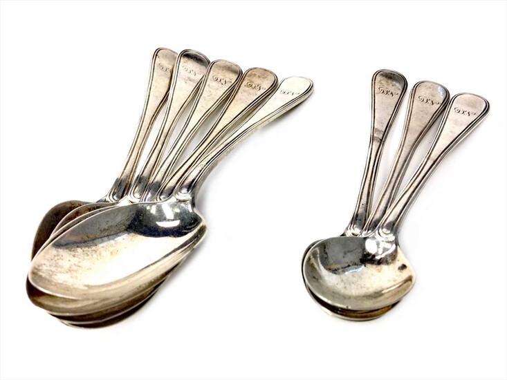 A LOT OF FIVE VICTORIAN SILVER TEASPOONS ALONG WITH MATCHED PRESERVE SPOONS