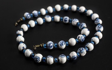 27in. Hand painted Porcelain Beaded Necklace Blue on White with azure glass c1950