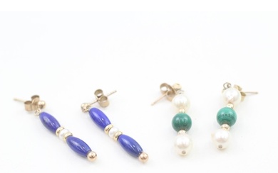 2x 9ct gold cultured pearl, malachite & lapis lazuli drop ea...