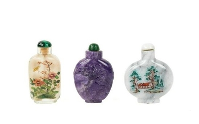 (3) Chinese Snuff Bottles - Amethyst & Marble
