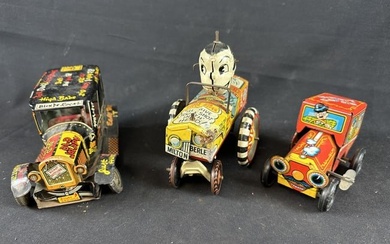 3 Early & Rare Marx Tin 1950s WInd Up Toy Cars