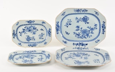 [4] 19th century Chinese export blue and white platters. 2 small and 2 large. Matching set. 1 large