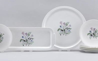 LIMOGES HAND-PAINTED PORCELAIN DESSERT SERVICE Decorated by Solange Patry-Bie. Each piece with a central floral bouquet in shades of...