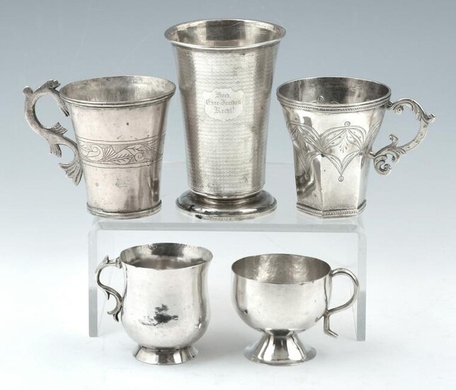 5 Early Silver Cups, unmarked. Tallest: 3 3/4"
