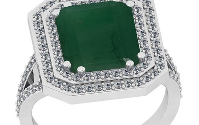 5.20 Ctw VS/SI1 Emerald And Diamond 18K White Gold Double Row Engagement Halo Ring