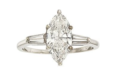 Diamond, Platinum Ring The ring features a marquise-cut...
