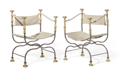 A PAIR OF POLISHED STEEL AND BRASS X-FRAME ARMCHAIRS, POSSIBLY SPANISH OR ITALIAN, LATE 19TH/EARLY 20TH CENTURY