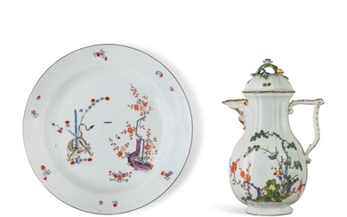 A MEISSEN LARGE CIRCULAR DISH FROM THE 'GELBER LOWE' SERVICE, AND A MEISSEN KAKIEMON COFFEE POT AND COVER, CIRCA 1735-45