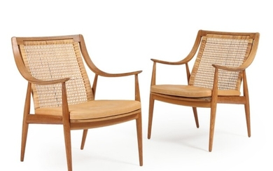 Peter Hvidt & Orla Mølgaard Nielsen: A pair of teak easy chairs, back with woven cane, loose cushions with brown leather. Manufactured by France & Søn. (2)