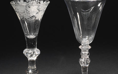 An engraved baluster wine glass and a light baluster goblet, circa 1730-50