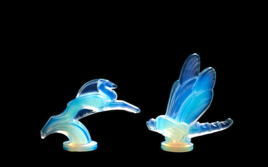 A 'Dragonfly' and a 'Gazelle' opalescent glass mascots by Sabino, Paris, 1930s, ((2))