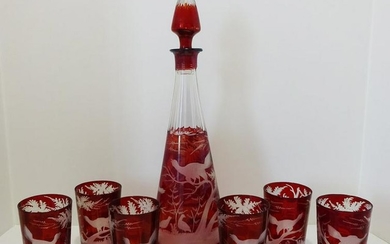 Antique Bohemian Ruby Etched Decanter & Glasses