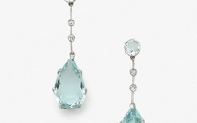 AQUAMARINE EAR PENDANTS An aquamarine, diamond and 9K gold pair...