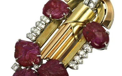 Art Deco 20.00 Carat Carved Ruby Diamond 18K Gold and